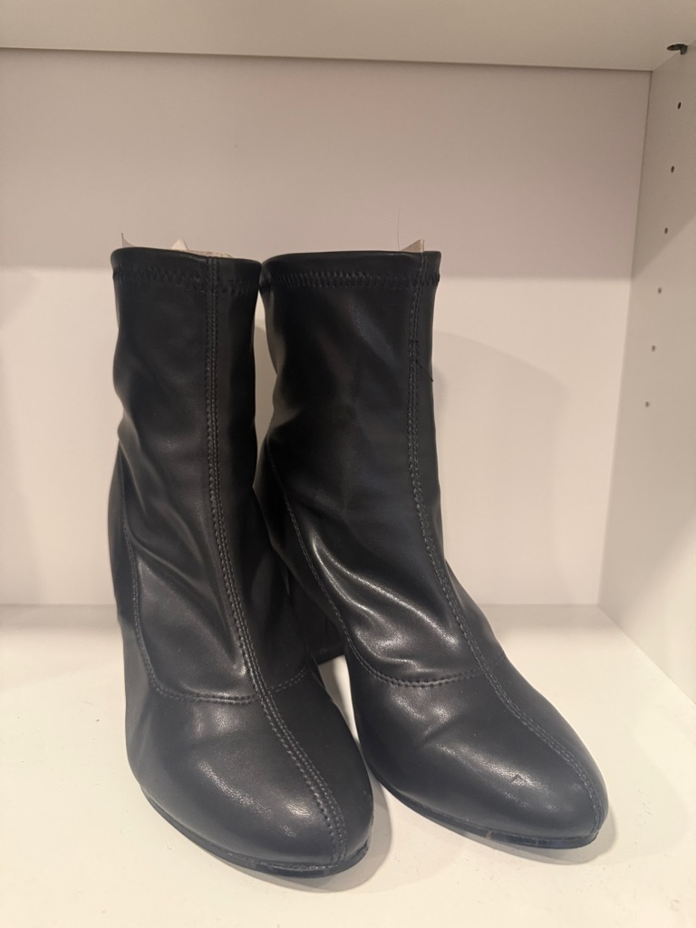 Black Stretch Leather Ankle Booties with Block Heel